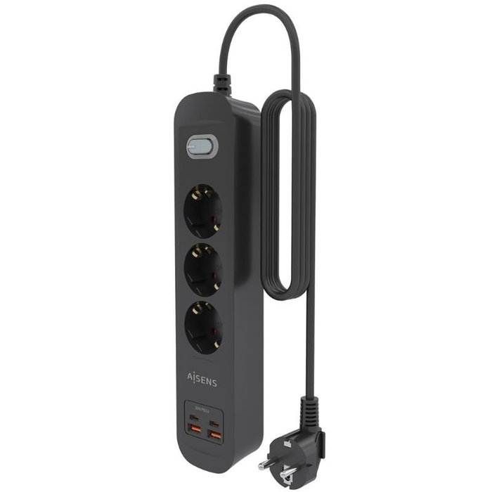 Aisens Regleta con Interruptor ASPS-2A2C11-BK con 3 Tomas de Corriente y 4 Puertos USB, Negro